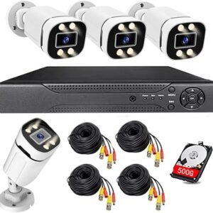 Home Security System 4Ch DVR Kits with 4pcs 1080P Waterproof Bullet Analog AHD TVI CVI Camera 3MP Lens Color Night Vision Outdoor Surveillance Wired CCTV Set (Include 500GB HDD) 24/7 Recording